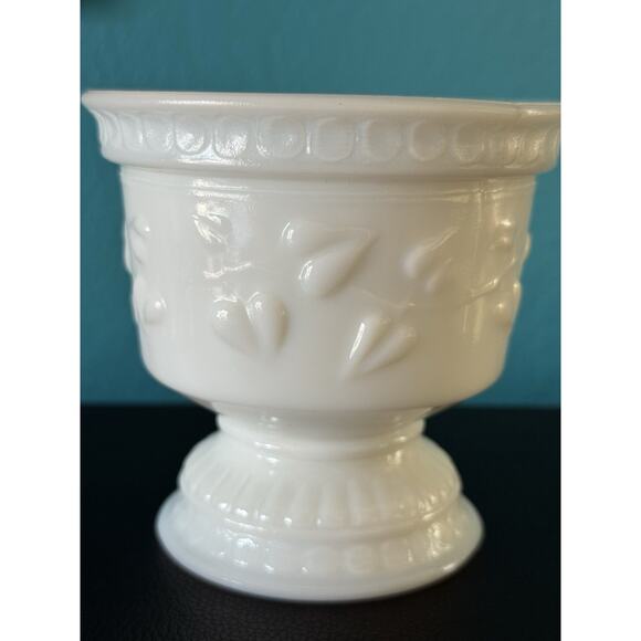 Vintage Milk Glass Pedestal Bowl Floral Embossed White Compote Candy Dish Decor - Picture 2 of 8